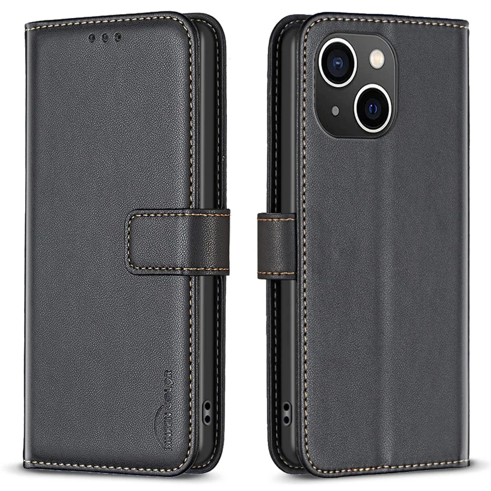 BINFEN COLOR BF17 For iPhone 15 Phone Cover Stand Design Wallet TPU+PU Leather Phone Case - Black - 1