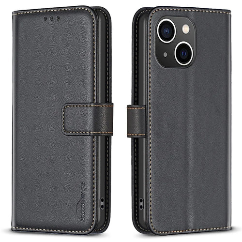 BINFEN COLOR BF17 For iPhone 15 Phone Cover Stand Design Wallet TPU+PU Leather Phone Case - Black - 1
