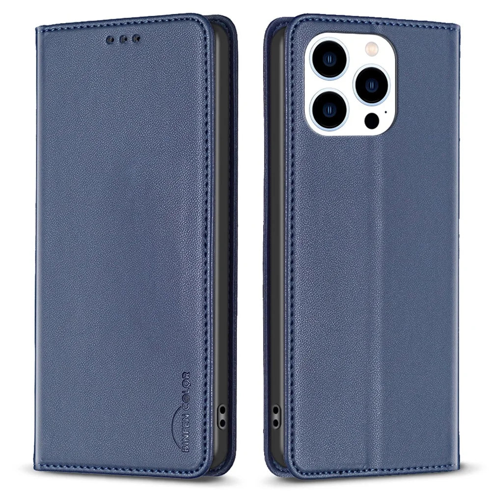 BINFEN COLOR BF18 Protective Case for iPhone 15 Pro Leather Stand Phone Cover with Card Slots - Blue - 1