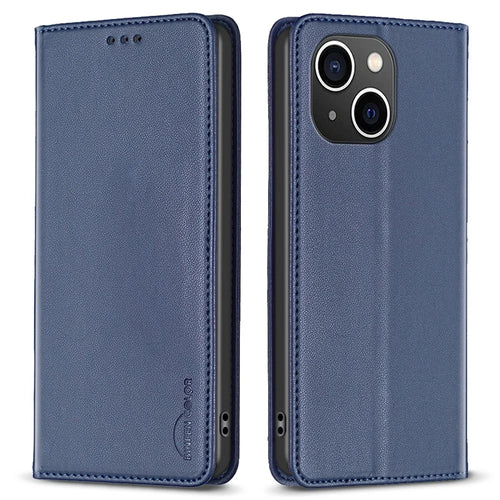 BINFEN COLOR BF18 For iPhone 15 PU Leather Card Holder Cover Flip Stand Phone Case - Blue - 1