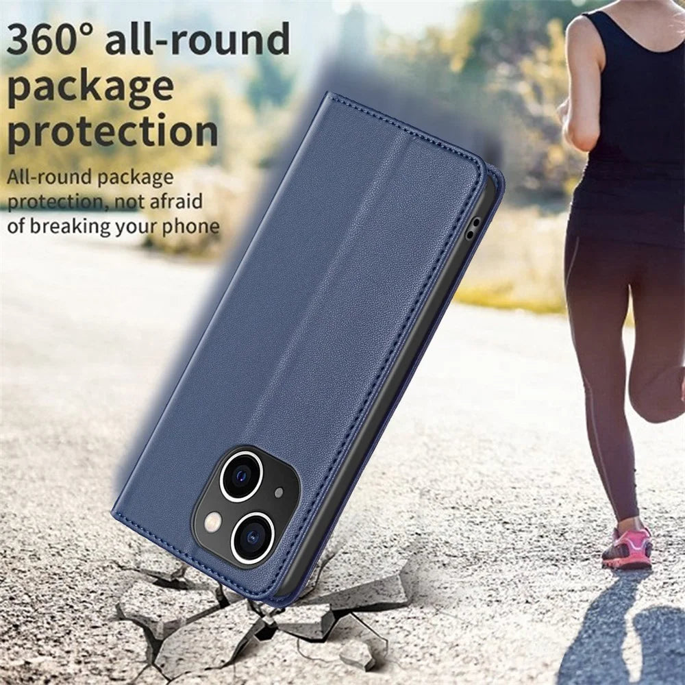 BINFEN COLOR BF18 For iPhone 15 PU Leather Card Holder Cover Flip Stand Phone Case - Blue - 6