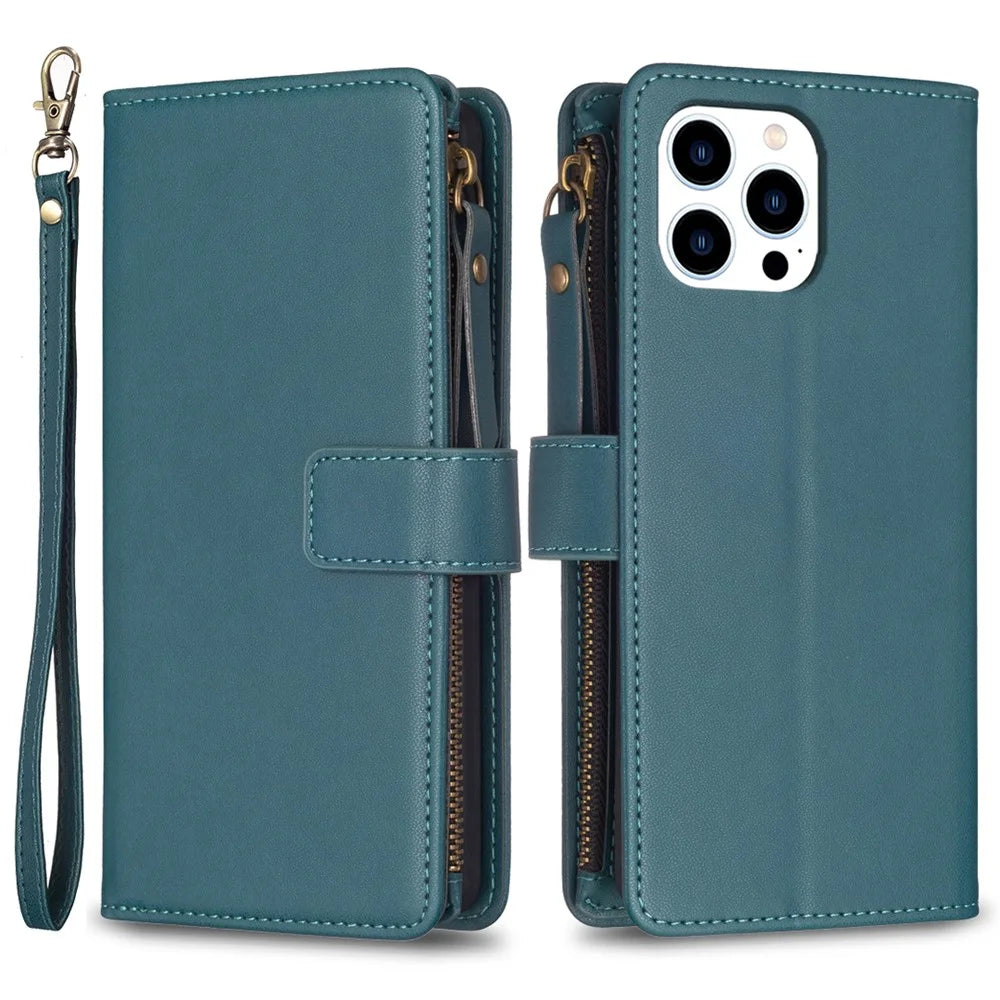 BF Style-19 For iPhone 15 Pro Zipper Pocket PU Leather Case Wallet Stand Phone Cover - Green - 1