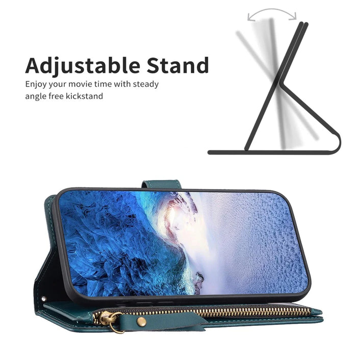 BF Style-19 For iPhone 15 Pro Zipper Pocket PU Leather Case Wallet Stand Phone Cover - Green - 3