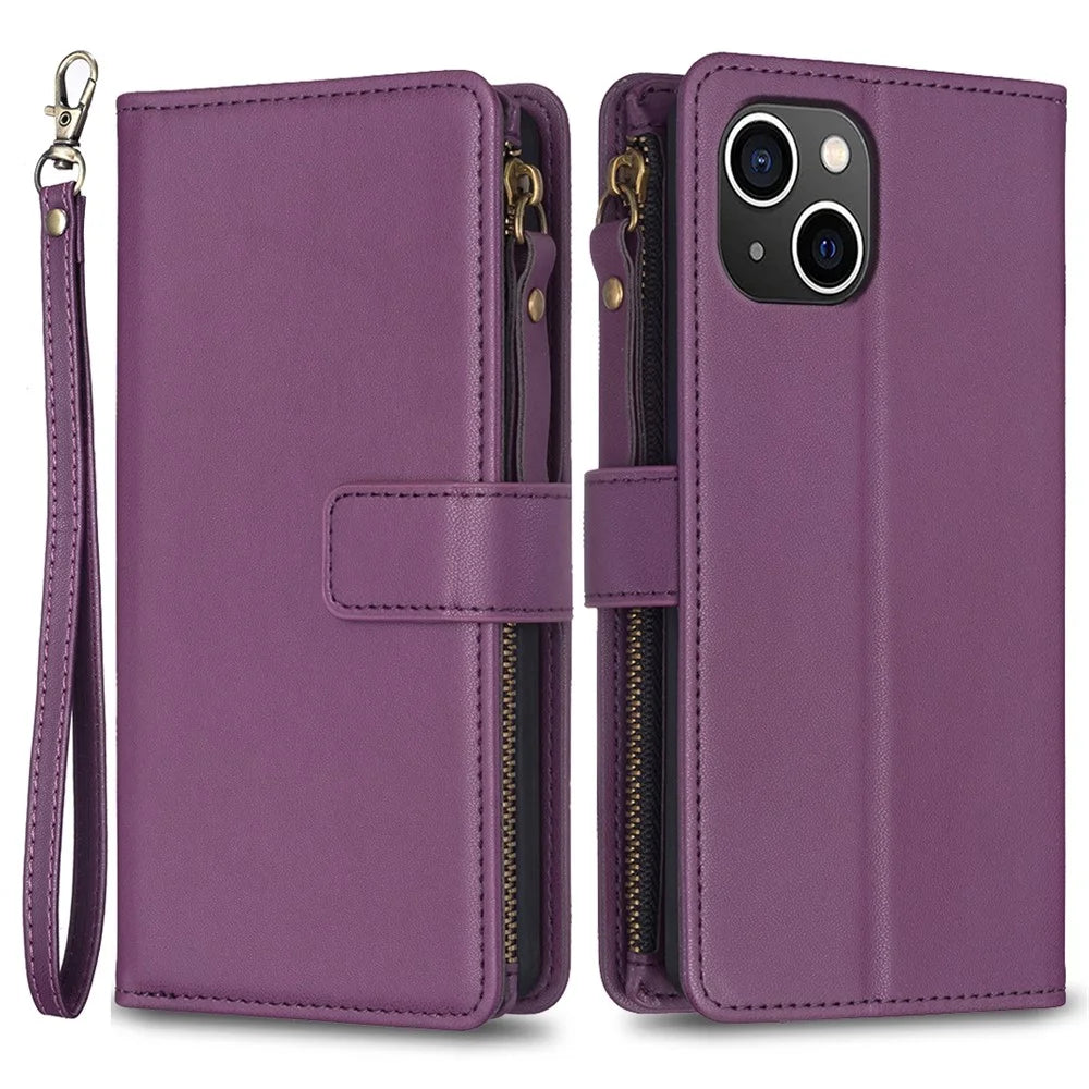 BF Style-19 For iPhone 15 PU Leather Stand Phone Case Zipper Pocket Anti-drop Wallet Cover - Dark Purple - 1