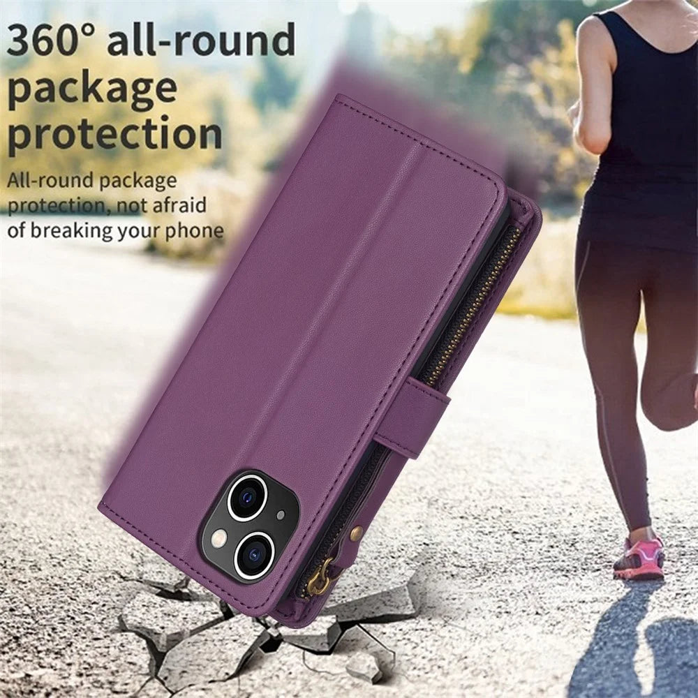 BF Style-19 For iPhone 15 PU Leather Stand Phone Case Zipper Pocket Anti-drop Wallet Cover - Dark Purple - 5