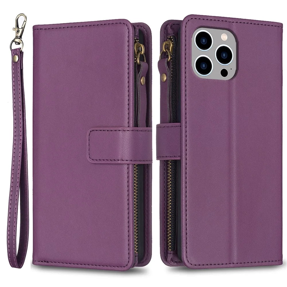 BF Style-19 For iPhone 15 Pro Max PU Leather Phone Case Flip Wallet Stand Cover with Zipper Pocket - Dark Purple - 1