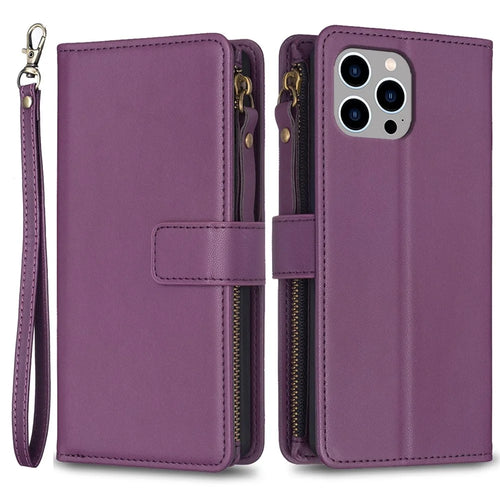 BF Style-19 For iPhone 15 Pro Max PU Leather Phone Case Flip Wallet Stand Cover with Zipper Pocket - Dark Purple - 1