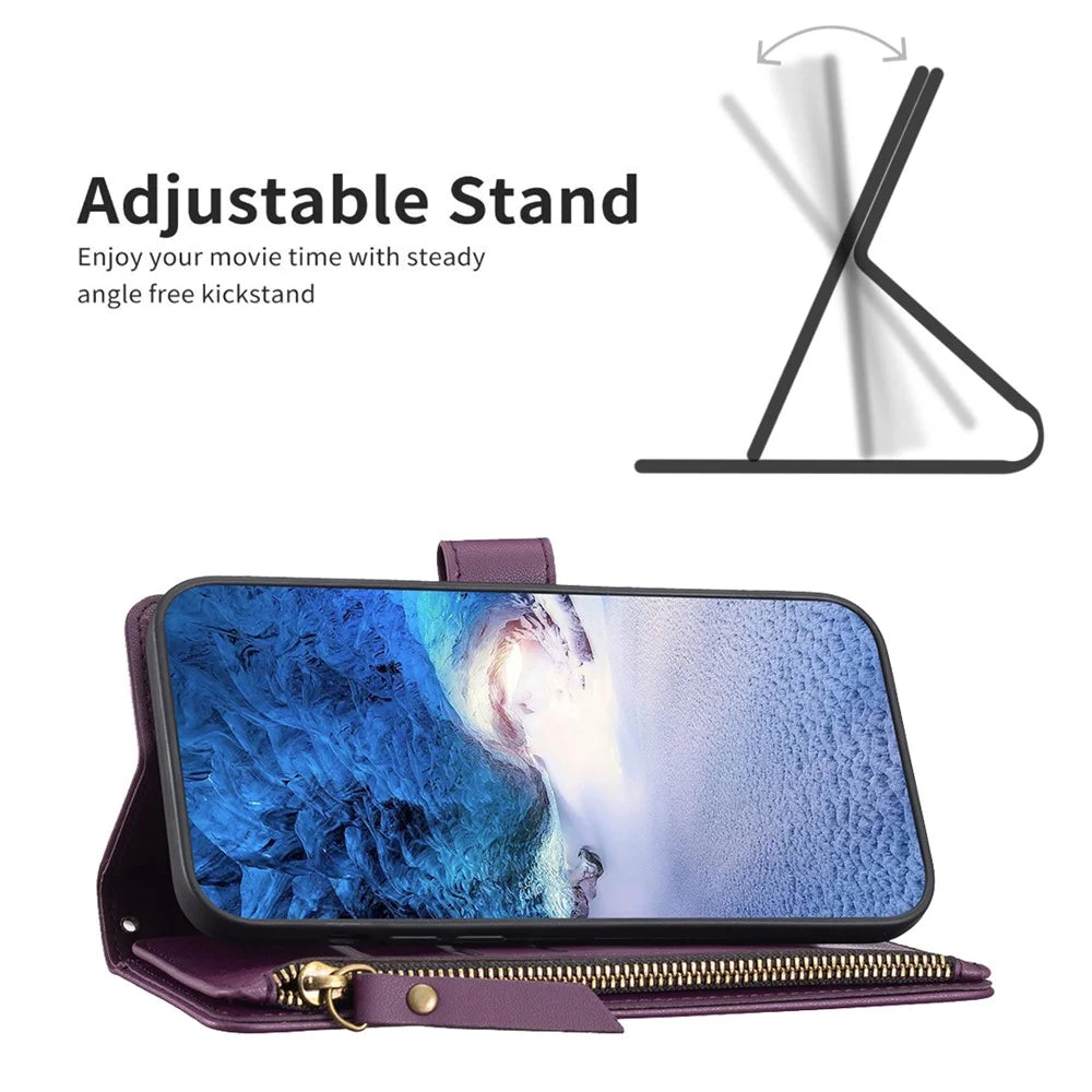 BF Style-19 For iPhone 15 Pro Max PU Leather Phone Case Flip Wallet Stand Cover with Zipper Pocket - Dark Purple - 3