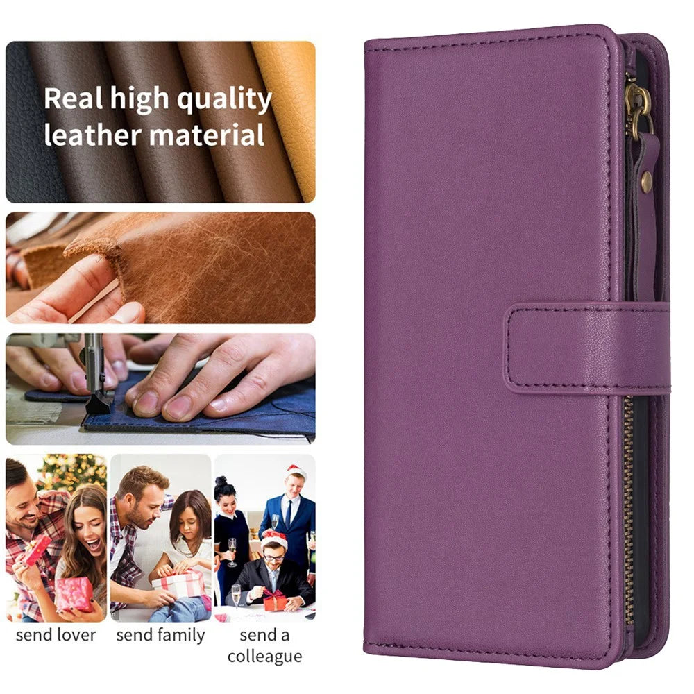 BF Style-19 For iPhone 15 Pro Max PU Leather Phone Case Flip Wallet Stand Cover with Zipper Pocket - Dark Purple - 4