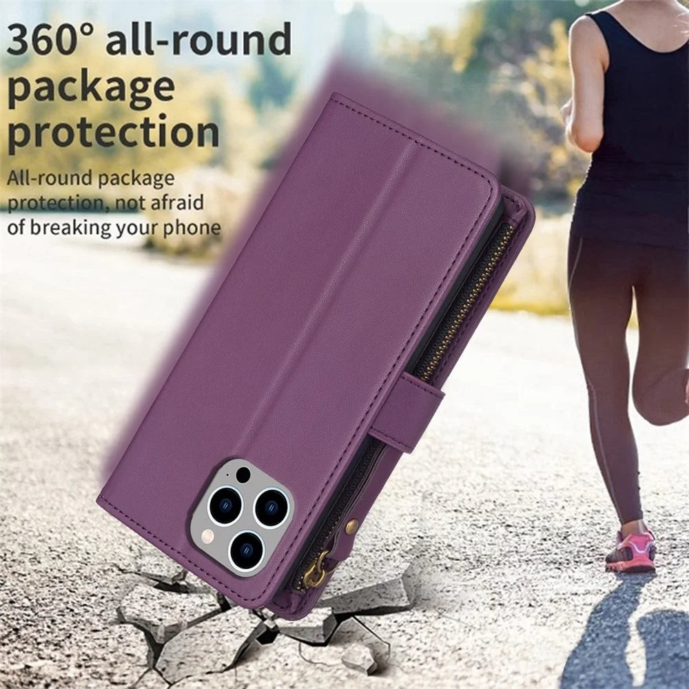 BF Style-19 For iPhone 15 Pro Max PU Leather Phone Case Flip Wallet Stand Cover with Zipper Pocket - Dark Purple - 5