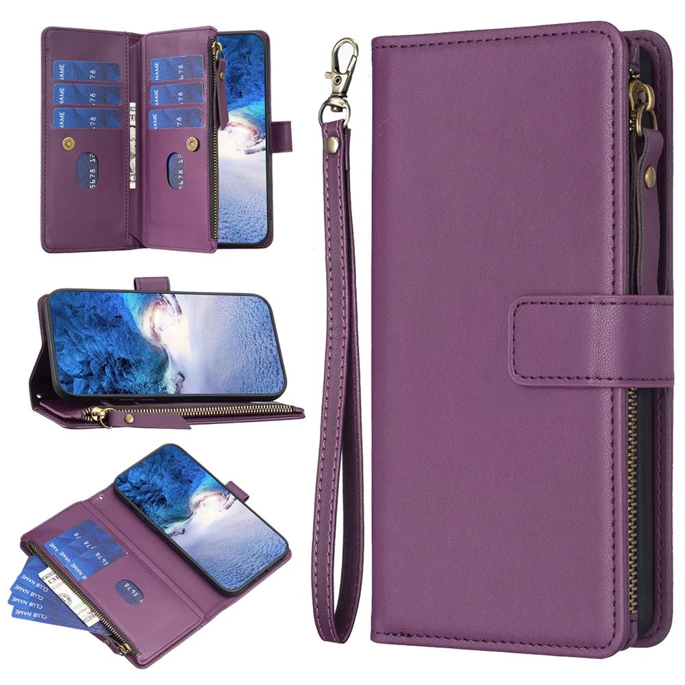 BF Style-19 For iPhone 15 Pro Max PU Leather Phone Case Flip Wallet Stand Cover with Zipper Pocket - Dark Purple - 6