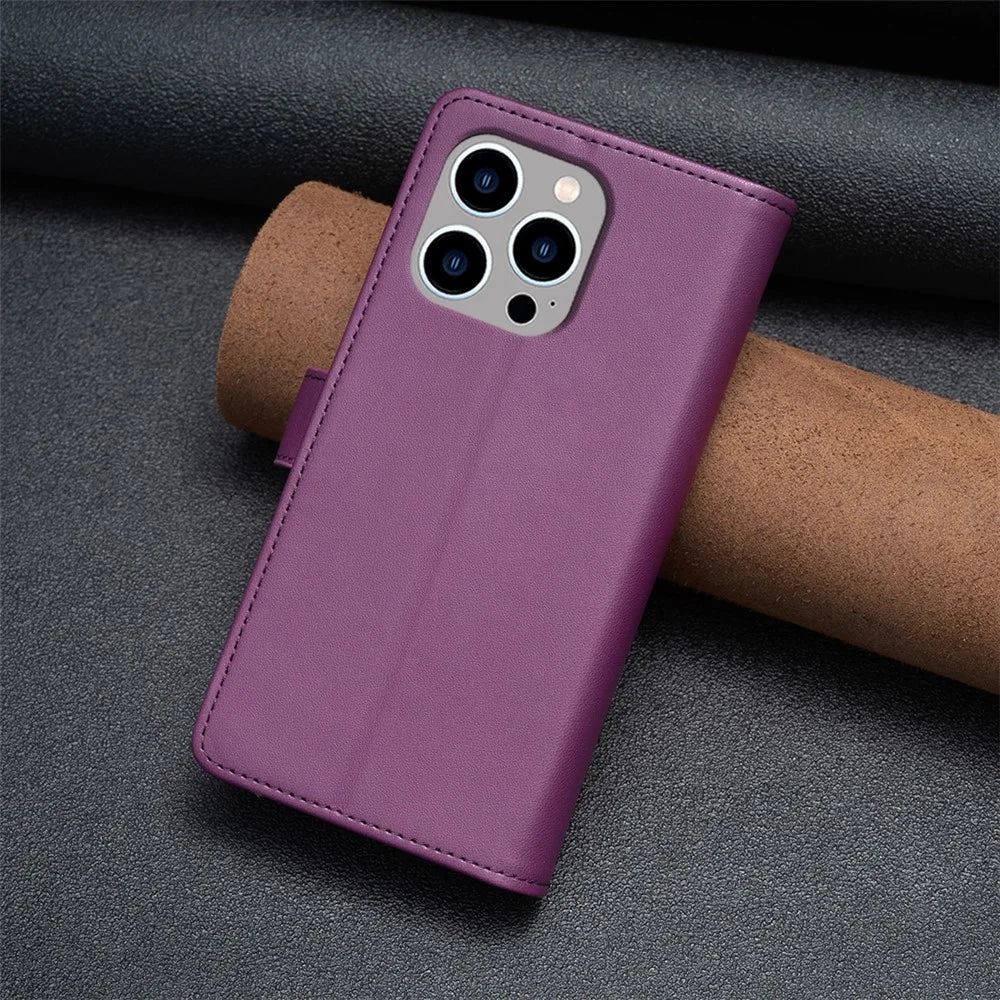 BF Style-19 For iPhone 15 Pro Max PU Leather Phone Case Flip Wallet Stand Cover with Zipper Pocket - Dark Purple - 7