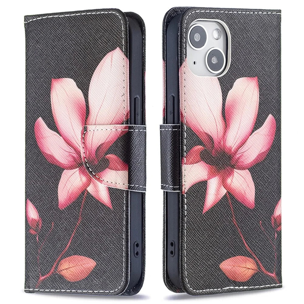 Pattern Printing Wallet Phone Case for iPhone 15 , Stand PU Leather +TPU Phone Cover - Pink Flower - 1
