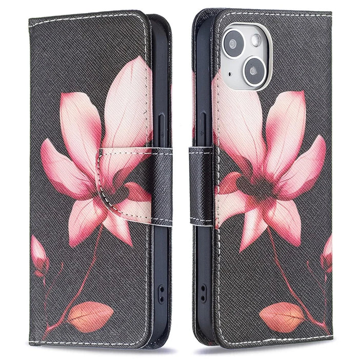 Pattern Printing Wallet Phone Case for iPhone 15 , Stand PU Leather +TPU Phone Cover - Pink Flower - 1