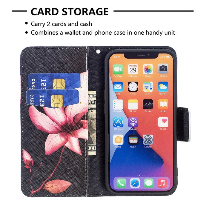 Pattern Printing Wallet Phone Case for iPhone 15 , Stand PU Leather +TPU Phone Cover - Pink Flower - 2