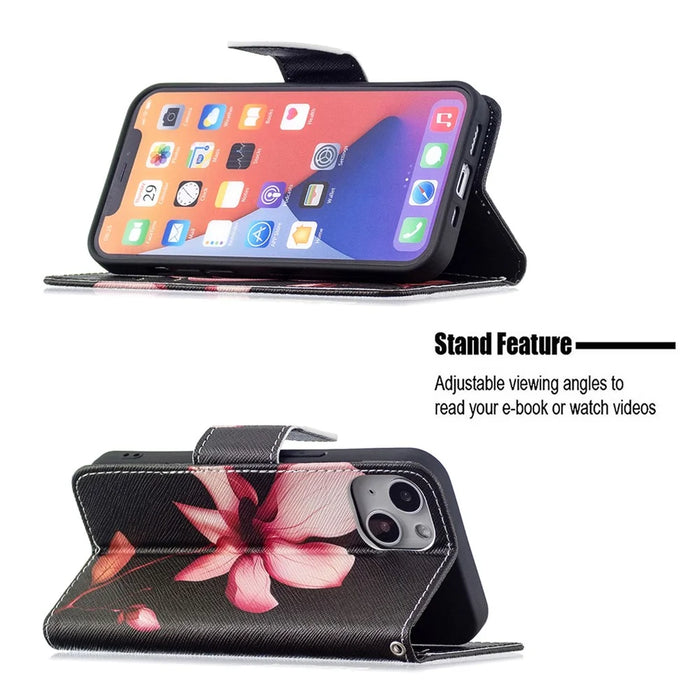 Pattern Printing Wallet Phone Case for iPhone 15 , Stand PU Leather +TPU Phone Cover - Pink Flower - 3