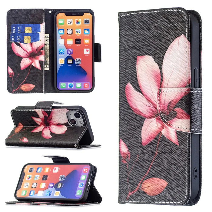 Pattern Printing Wallet Phone Case for iPhone 15 , Stand PU Leather +TPU Phone Cover - Pink Flower - 4