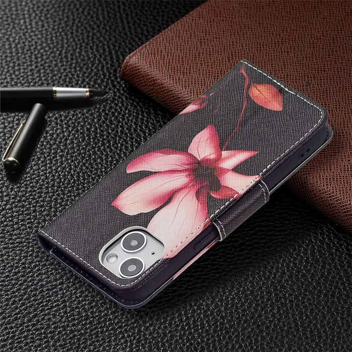 Pattern Printing Wallet Phone Case for iPhone 15 , Stand PU Leather +TPU Phone Cover - Pink Flower - 6