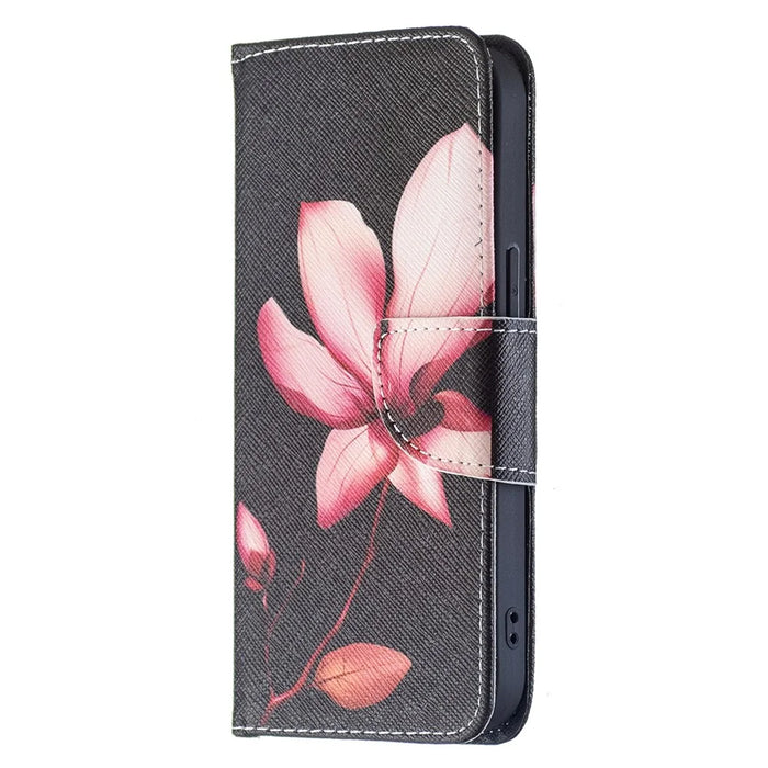 Pattern Printing Wallet Phone Case for iPhone 15 , Stand PU Leather +TPU Phone Cover - Pink Flower - 7
