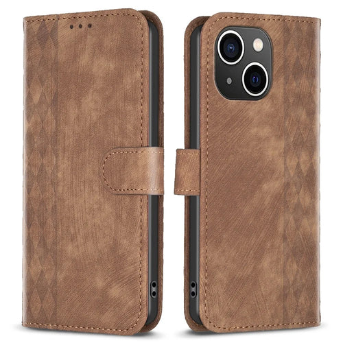 Imprinted Rhombus PU Leather Case for iPhone 15 , Drop-Proof Stand Wallet Phone Cover - Brown - 1