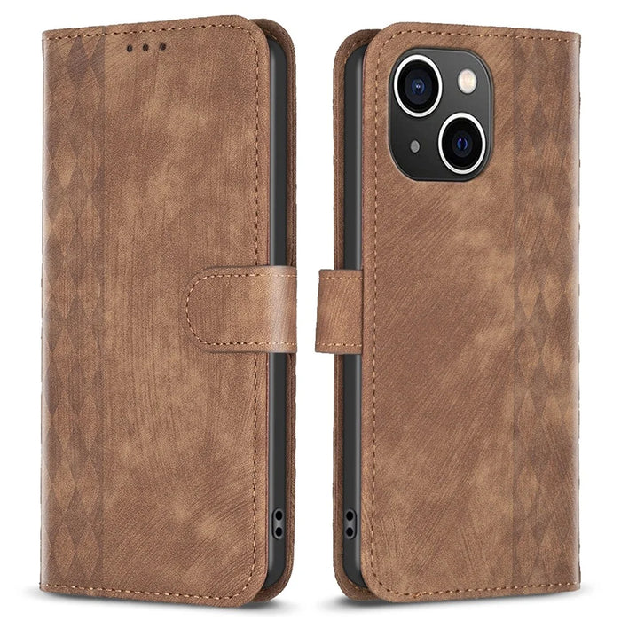 Imprinted Rhombus PU Leather Case for iPhone 15 , Drop-Proof Stand Wallet Phone Cover - Brown - 1