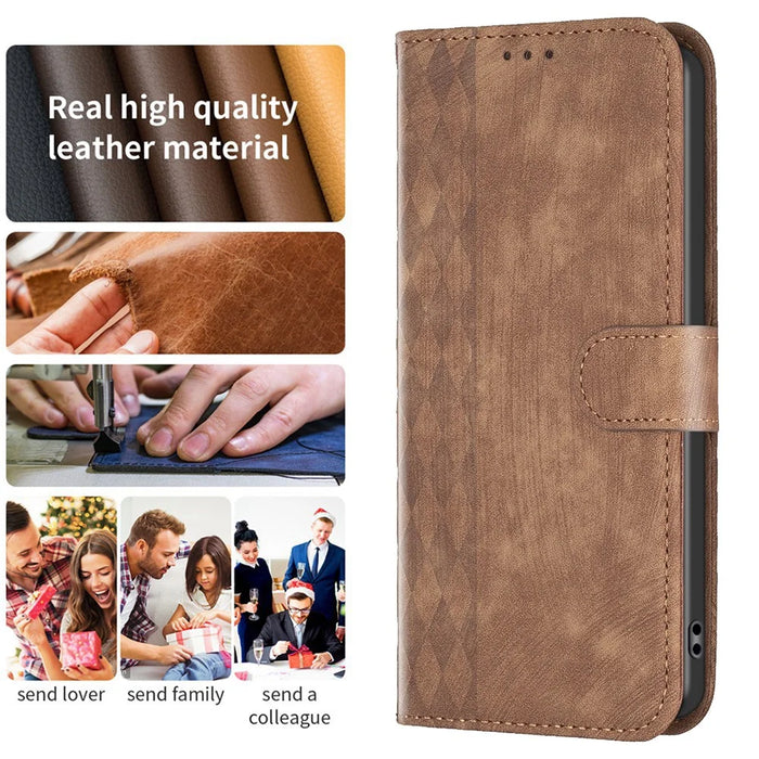 Imprinted Rhombus PU Leather Case for iPhone 15 , Drop-Proof Stand Wallet Phone Cover - Brown - 4