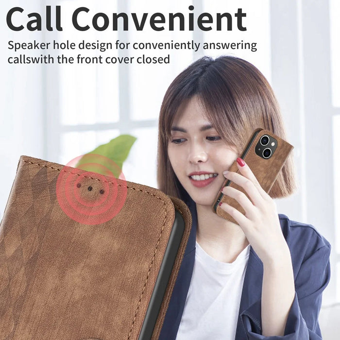 Imprinted Rhombus PU Leather Case for iPhone 15 , Drop-Proof Stand Wallet Phone Cover - Brown - 6