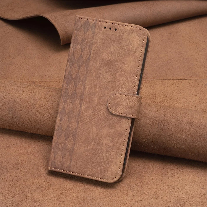 Imprinted Rhombus PU Leather Case for iPhone 15 , Drop-Proof Stand Wallet Phone Cover - Brown - 7