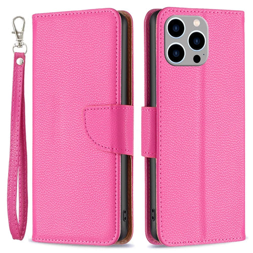 For iPhone 15 Pro Max Wallet Case with Wrist Strap Litchi Texture Leather Phone Stand Cover - Rose - 1