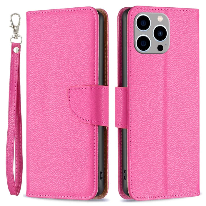 For iPhone 15 Pro Max Wallet Case with Wrist Strap Litchi Texture Leather Phone Stand Cover - Rose - 1