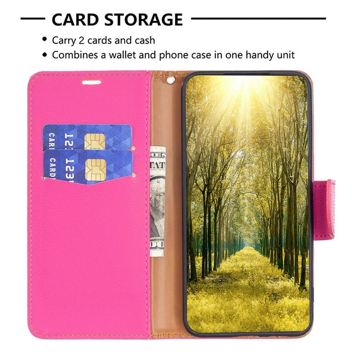 For iPhone 15 Pro Max Wallet Case with Wrist Strap Litchi Texture Leather Phone Stand Cover - Rose - 2