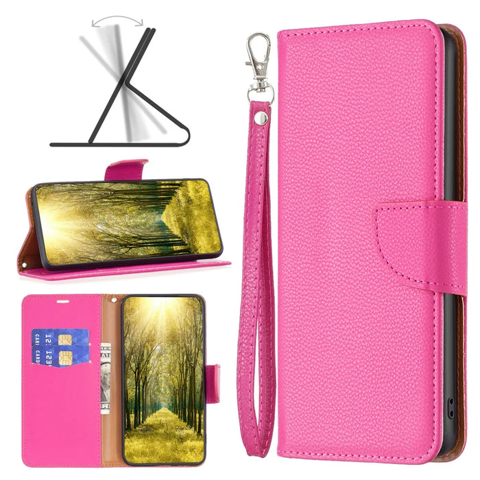 For iPhone 15 Pro Max Wallet Case with Wrist Strap Litchi Texture Leather Phone Stand Cover - Rose - 4