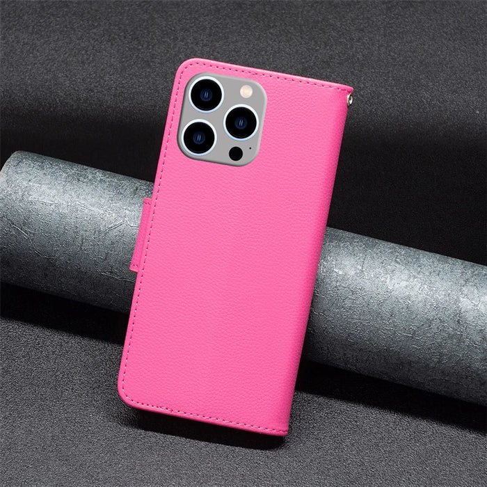 For iPhone 15 Pro Max Wallet Case with Wrist Strap Litchi Texture Leather Phone Stand Cover - Rose - 5