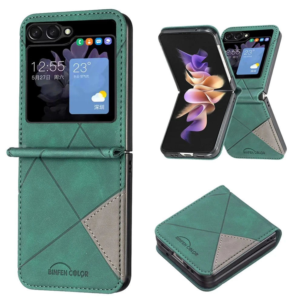 BINFEN COLOR For Samsung Galaxy Z Flip5 5G Phone Case PU Leather+PC Imprinted Pattern Cover - Green - 1