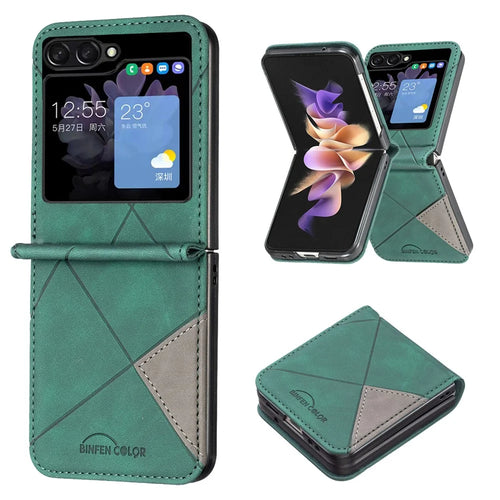BINFEN COLOR For Samsung Galaxy Z Flip5 5G Phone Case PU Leather+PC Imprinted Pattern Cover - Green - 1