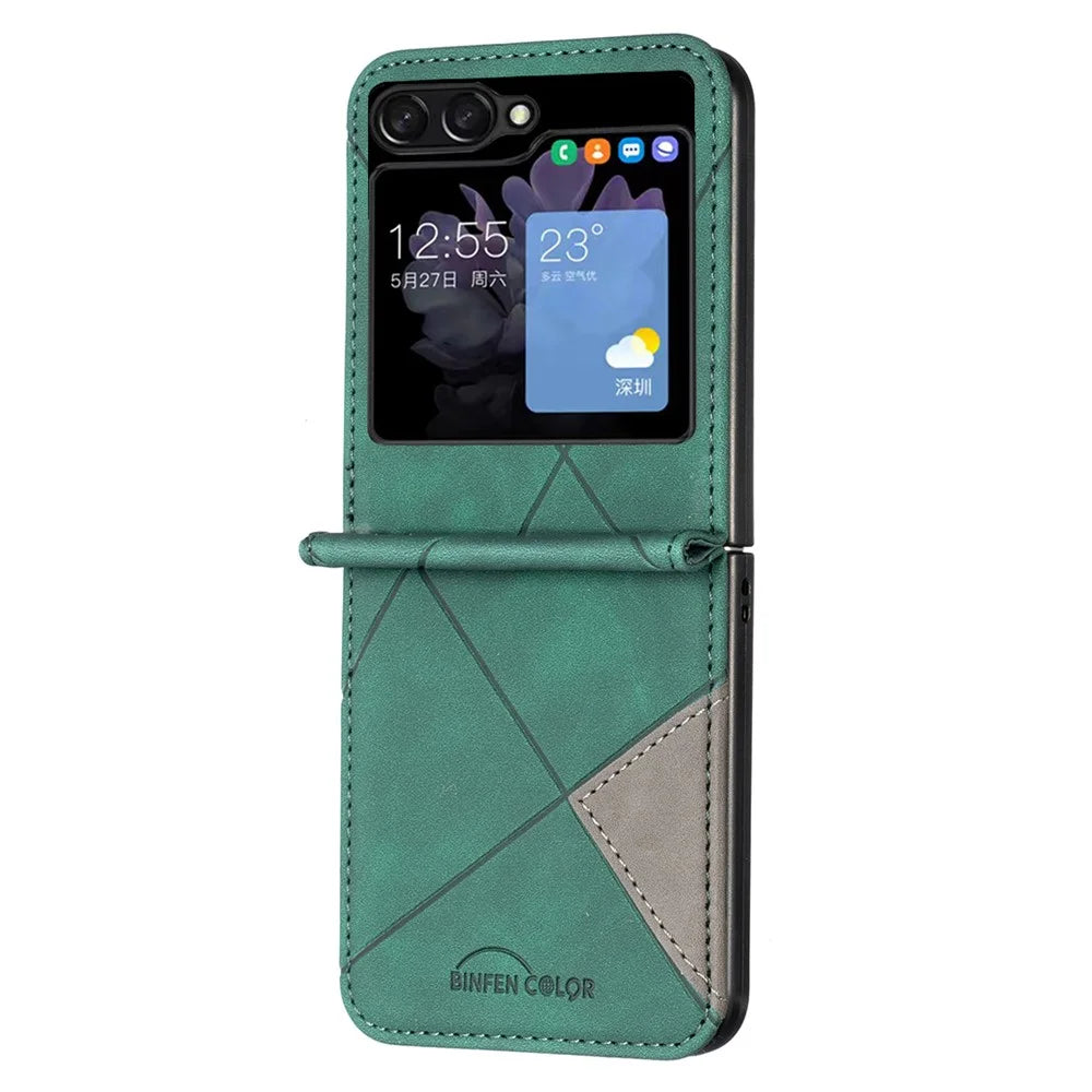 BINFEN COLOR For Samsung Galaxy Z Flip5 5G Phone Case PU Leather+PC Imprinted Pattern Cover - Green - 2