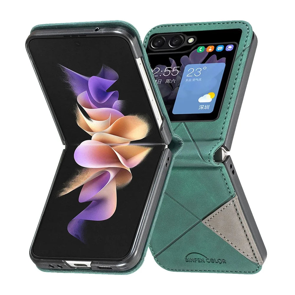BINFEN COLOR For Samsung Galaxy Z Flip5 5G Phone Case PU Leather+PC Imprinted Pattern Cover - Green - 5