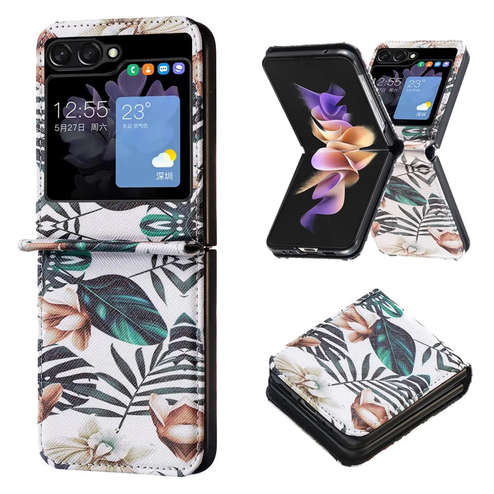 For Samsung Galaxy Z Flip5 5G PU Leather+PC Phone Case Pattern Printing Protective Cover - Leaves and Flowers - 1