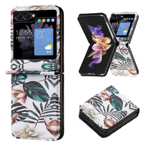 For Samsung Galaxy Z Flip5 5G PU Leather+PC Phone Case Pattern Printing Protective Cover - Leaves and Flowers - 1