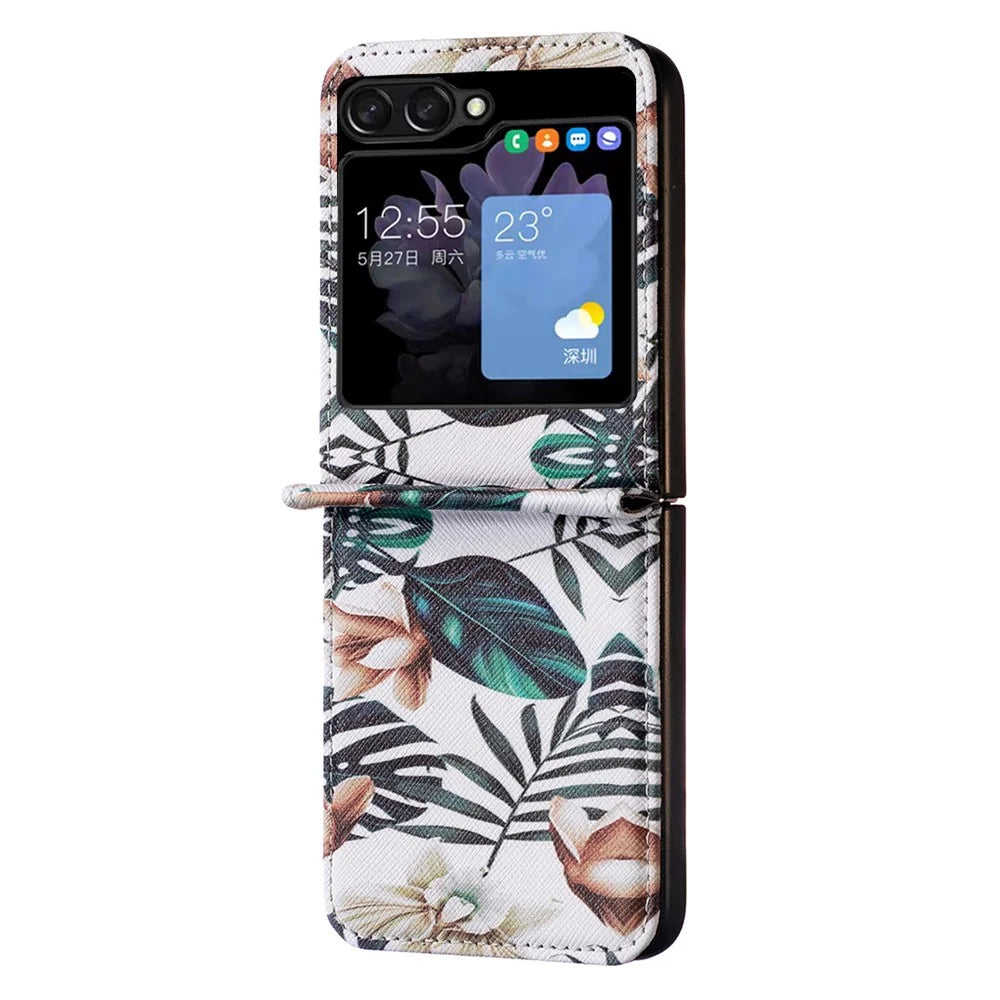 For Samsung Galaxy Z Flip5 5G PU Leather+PC Phone Case Pattern Printing Protective Cover - Leaves and Flowers - 2