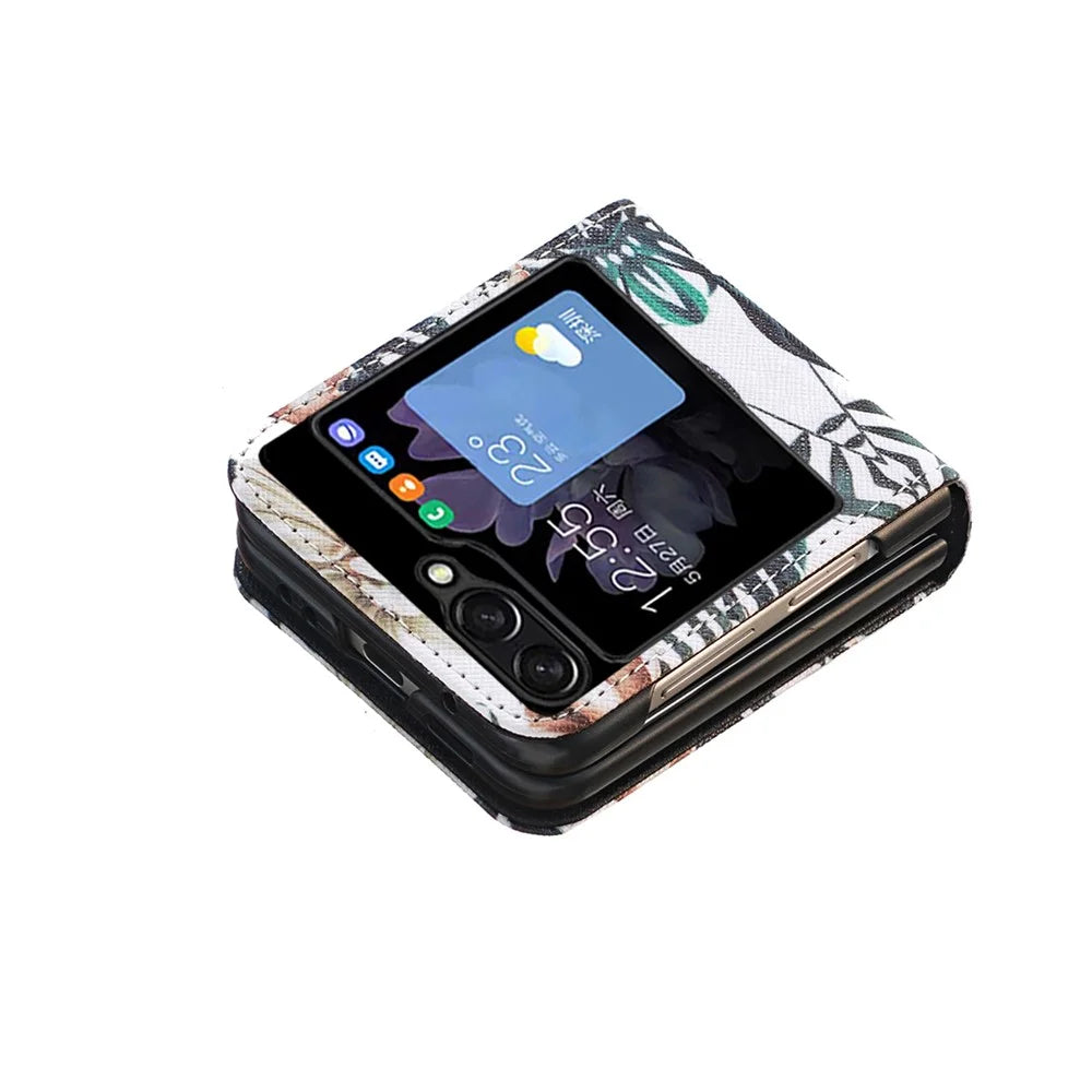For Samsung Galaxy Z Flip5 5G PU Leather+PC Phone Case Pattern Printing Protective Cover - Leaves and Flowers - 3