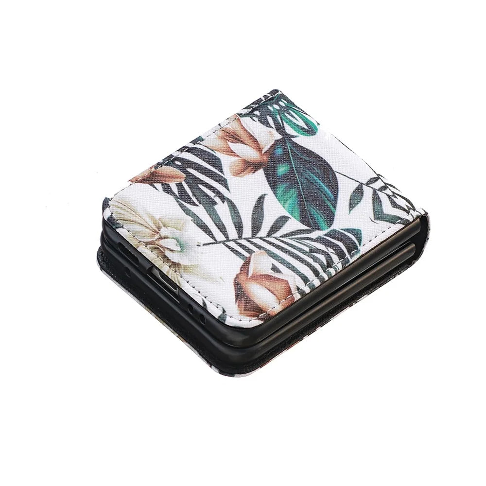 For Samsung Galaxy Z Flip5 5G PU Leather+PC Phone Case Pattern Printing Protective Cover - Leaves and Flowers - 4