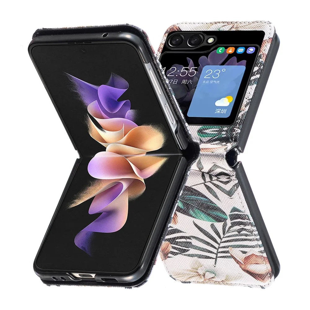 For Samsung Galaxy Z Flip5 5G PU Leather+PC Phone Case Pattern Printing Protective Cover - Leaves and Flowers - 5