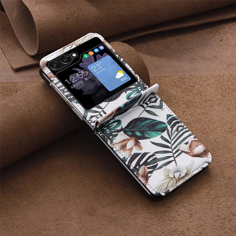 For Samsung Galaxy Z Flip5 5G PU Leather+PC Phone Case Pattern Printing Protective Cover - Leaves and Flowers - 6
