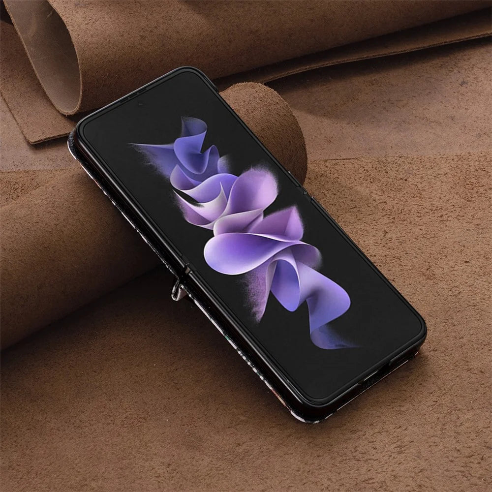 For Samsung Galaxy Z Flip5 5G PU Leather+PC Phone Case Pattern Printing Protective Cover - Leaves and Flowers - 7