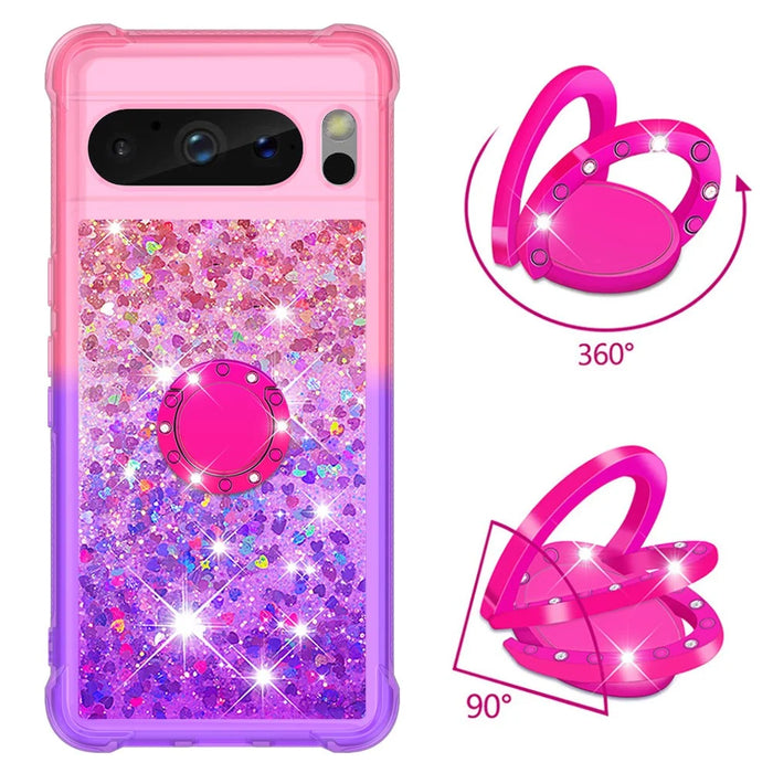 For Google Pixel 8 Pro TPU Case with Kickstand Gradiant Quicksand Shockproof Cover - Pink+Purple - 2