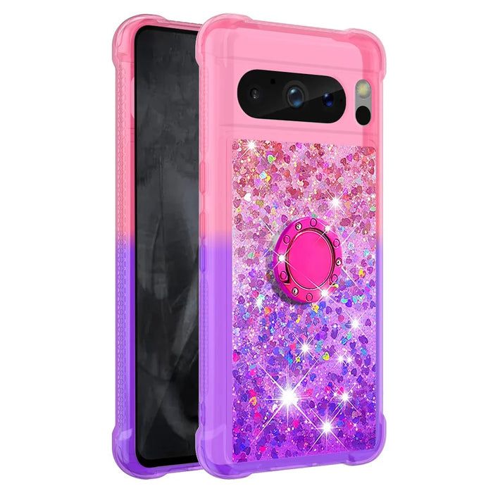 For Google Pixel 8 Pro TPU Case with Kickstand Gradiant Quicksand Shockproof Cover - Pink+Purple - 3