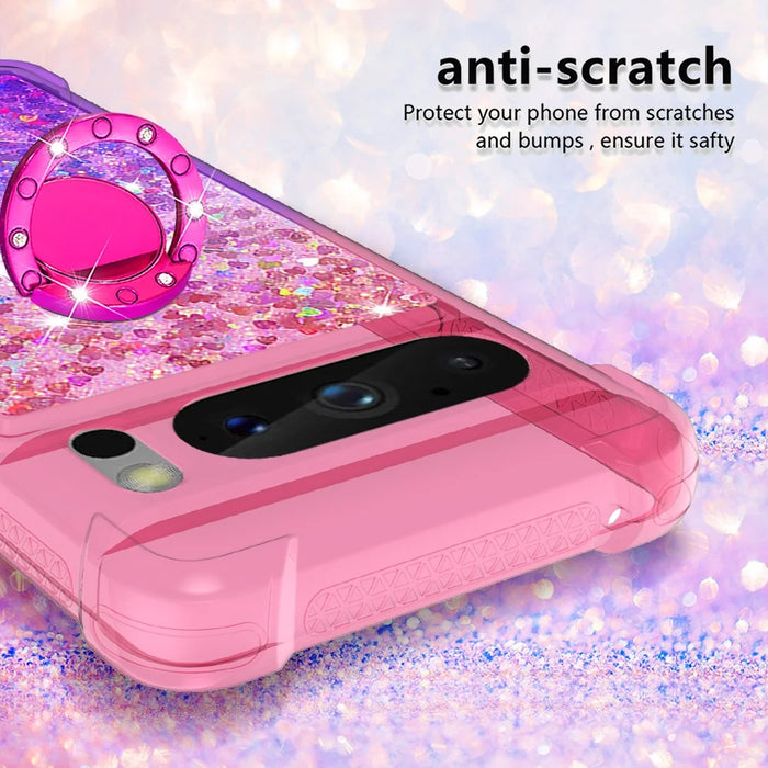 For Google Pixel 8 Pro TPU Case with Kickstand Gradiant Quicksand Shockproof Cover - Pink+Purple - 4