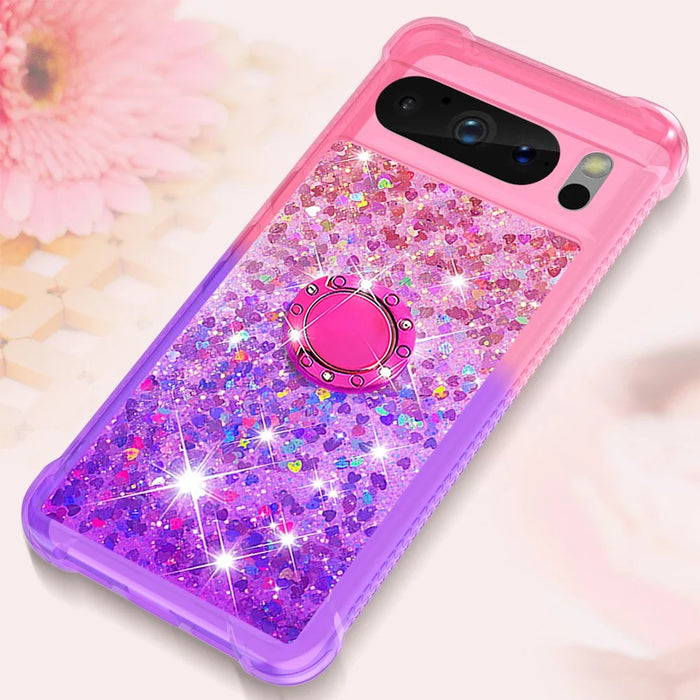 For Google Pixel 8 Pro TPU Case with Kickstand Gradiant Quicksand Shockproof Cover - Pink+Purple - 6