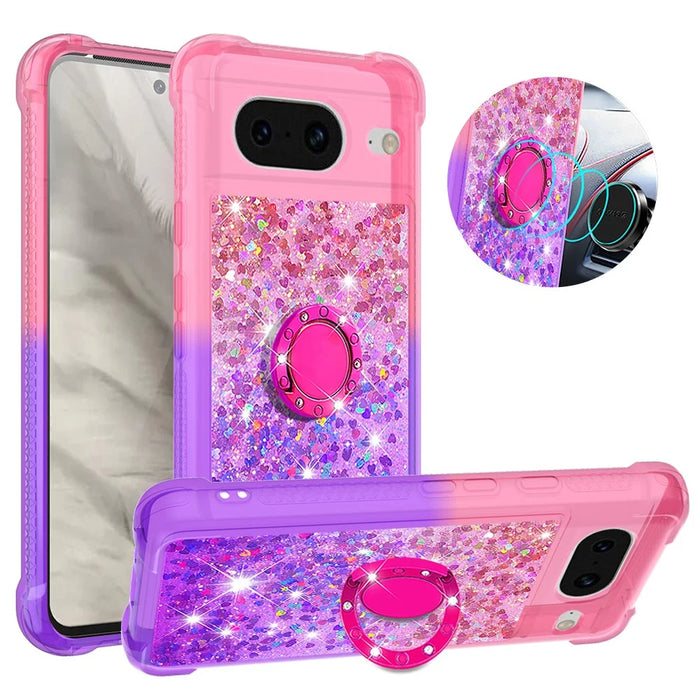 For Google Pixel 8 TPU Case with Kickstand Gradiant Quicksand Shockproof Cover - Pink+Purple - 1